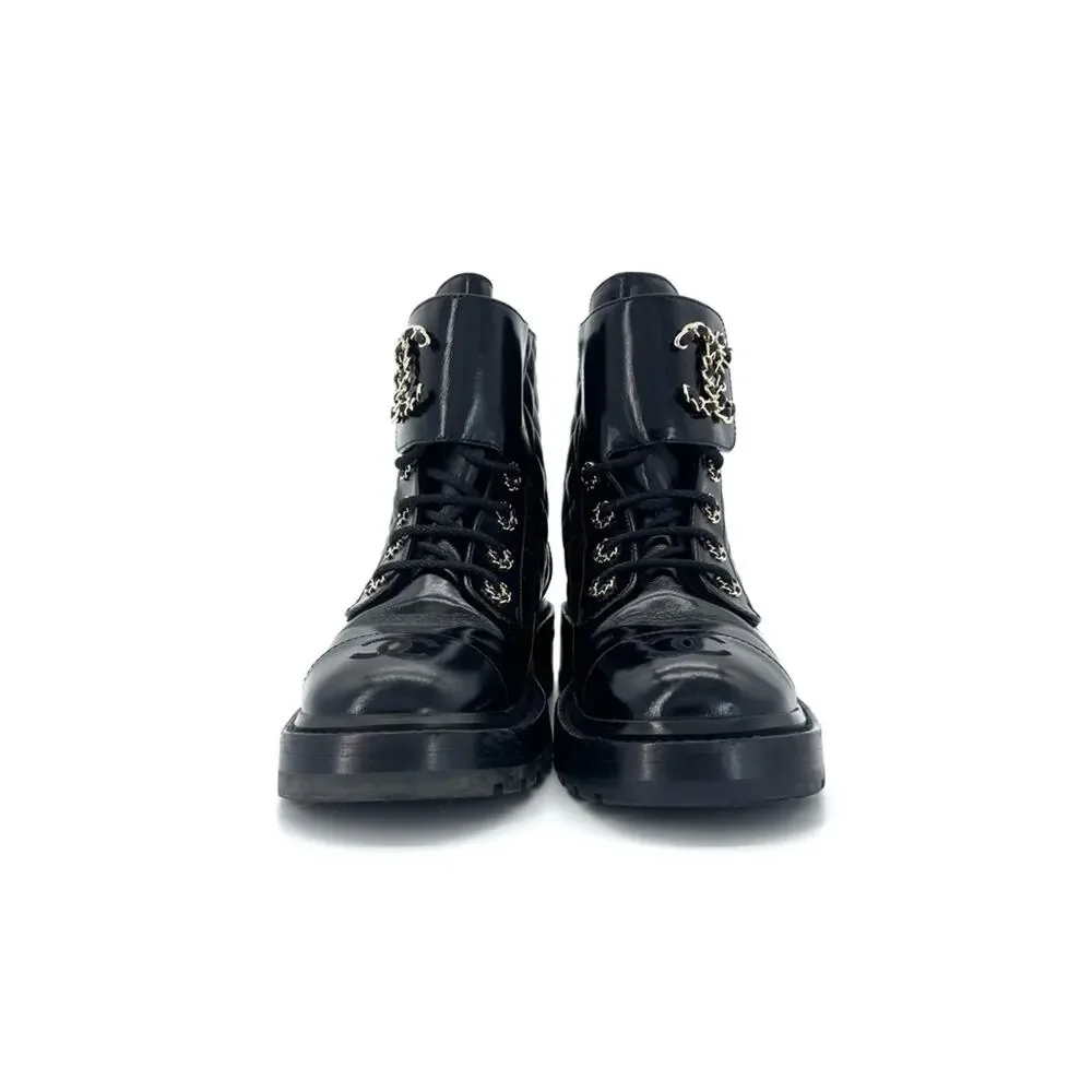 Chanel Brave Shiny Calfskin Quilted CC Chain Cap Toe Platform Short Boots 37